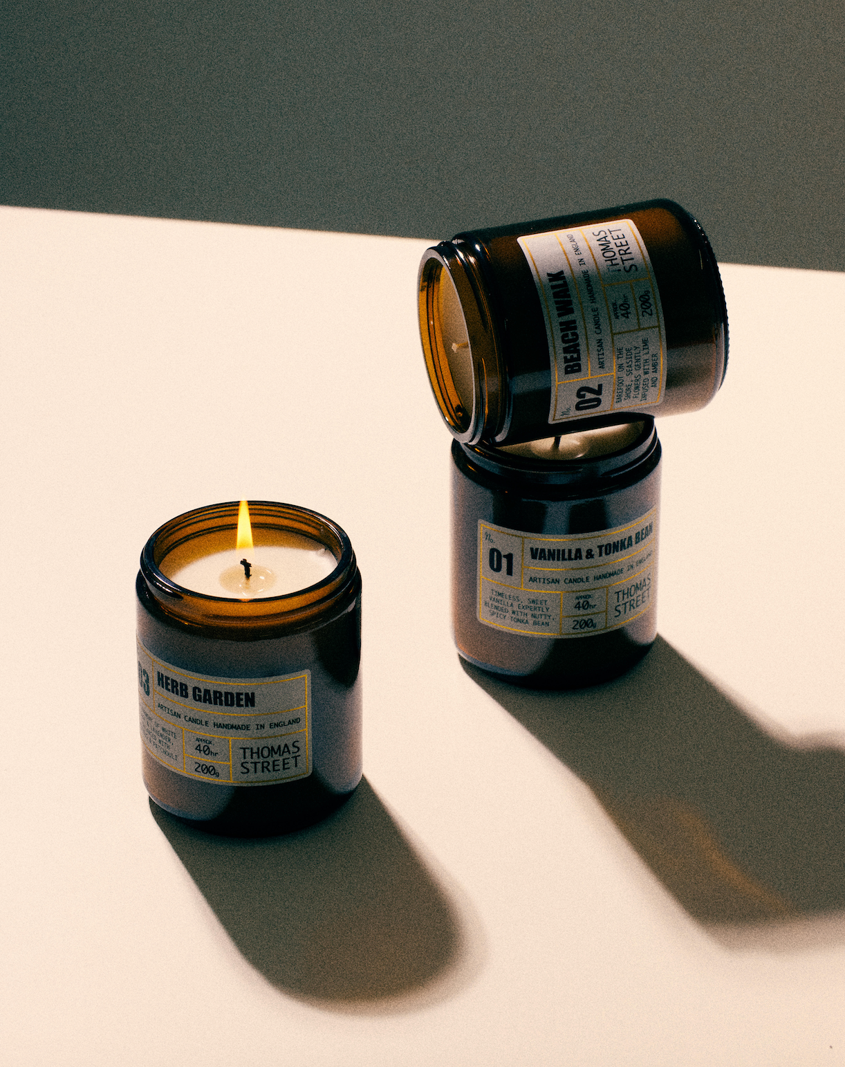 Three Thomas Street handmade high quality candles, made in England and lit to create a relaxing, warm environment.